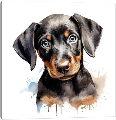Doberman Puppy Watercolour Canvas Art Print - Puppy Art