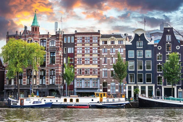 Busy Amsterdam Canal At Dusk