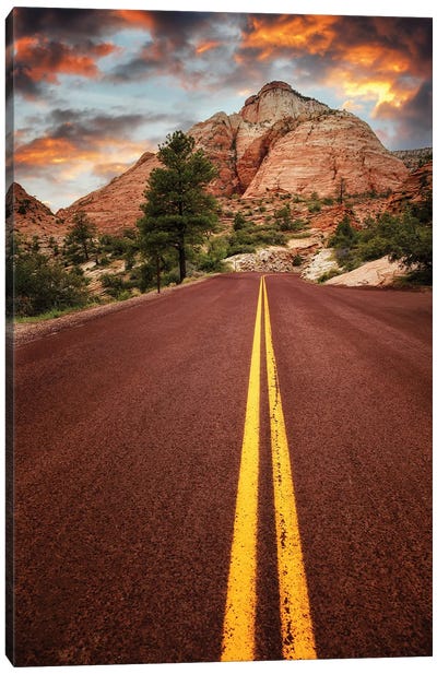 On The Road In Zion At Sunset, Usa Canvas Art Print - Zion National Park Art