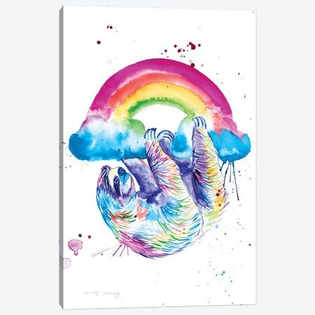 Sloth Hanging From A Rainbow Canvas Print #JSE14} by Jennifer Seeley Canvas Wall Art