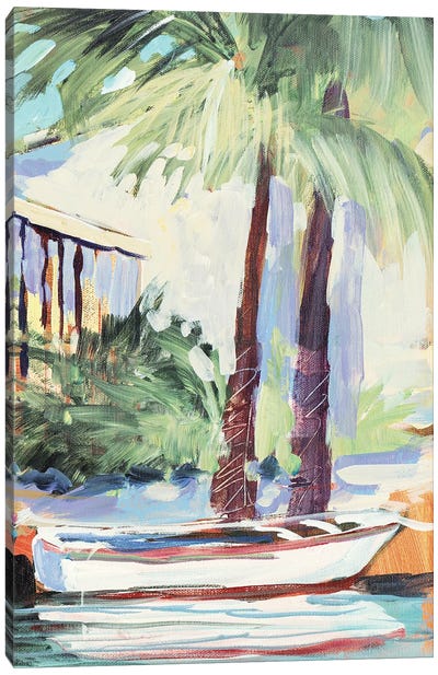 Docked By The Palms Canvas Art Print - Rowboat Art