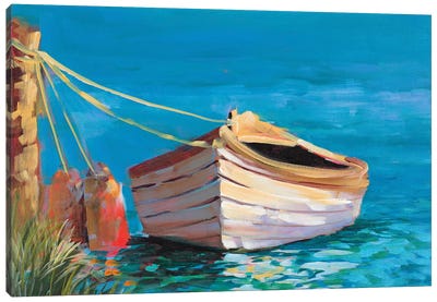 Canoe on the Dark Blue Lake Canvas Art Print - Rowboat Art