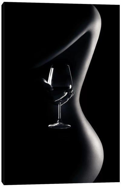 Nude Woman Red Wine 3 Canvas Art Print - Black & White Photography