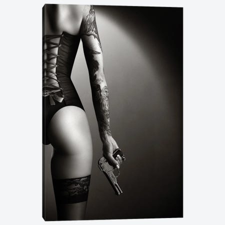 Woman in lingerie with handgun Canvas Print #JSW174} by Johan Swanepoel Canvas Artwork