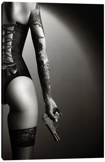 Woman in lingerie with handgun Canvas Art Print - Figurative Photography