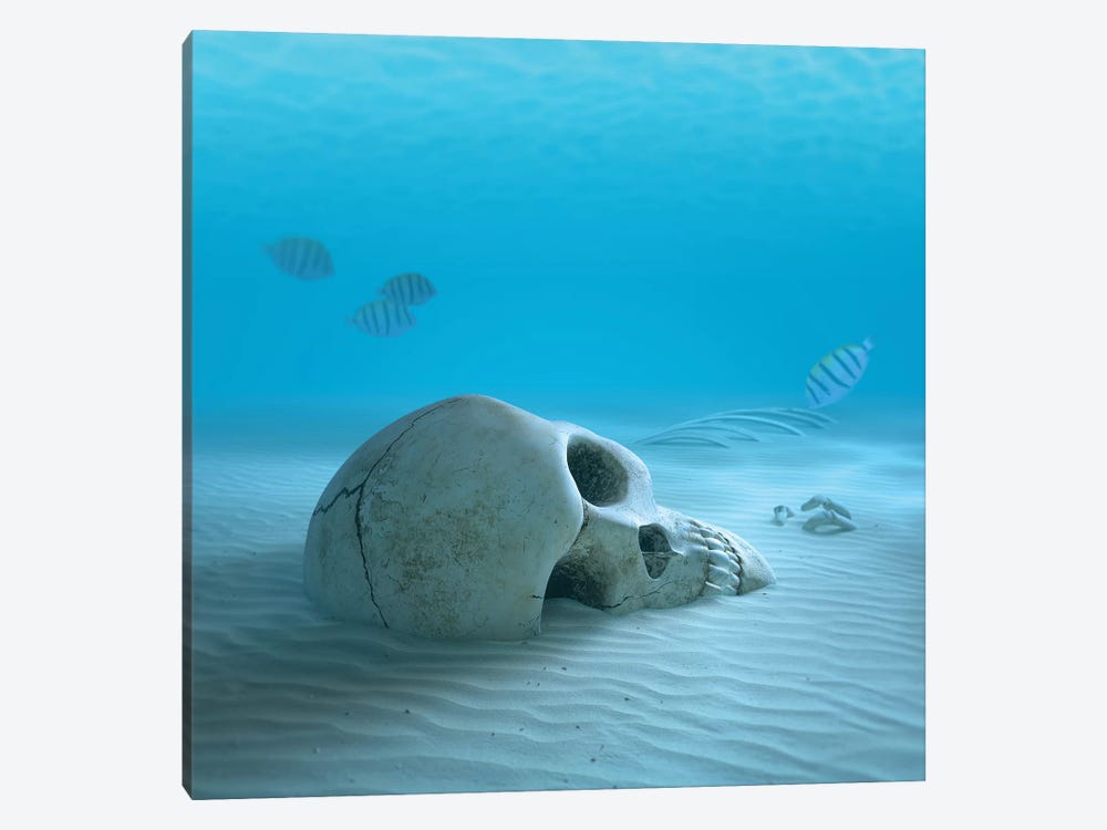 Skull On Sandy Ocean Bottom With Small Fish Cleaning Some Bones by Johan Swanepoel 1-piece Canvas Art Print