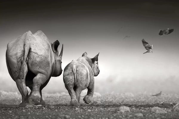 Rhinoceroses: Black Rhino Cow With Calf by Johan Swanepoel