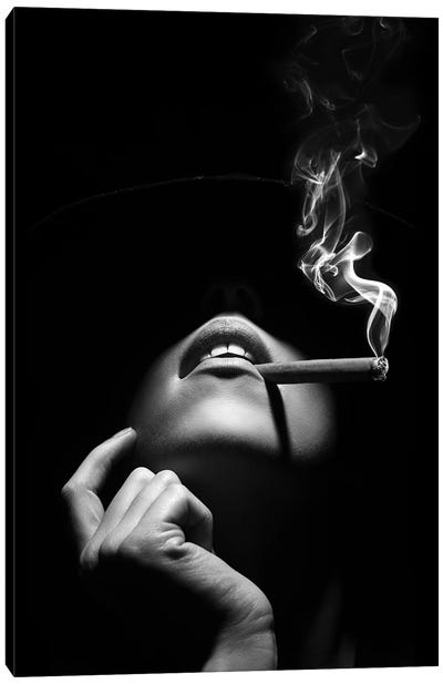 Woman Smoking A Cigar Canvas Art Print - Black & White Art