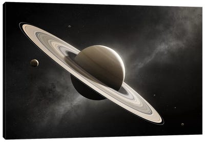 Planet Saturn With Major Moons Canvas Art Print - Saturn Art