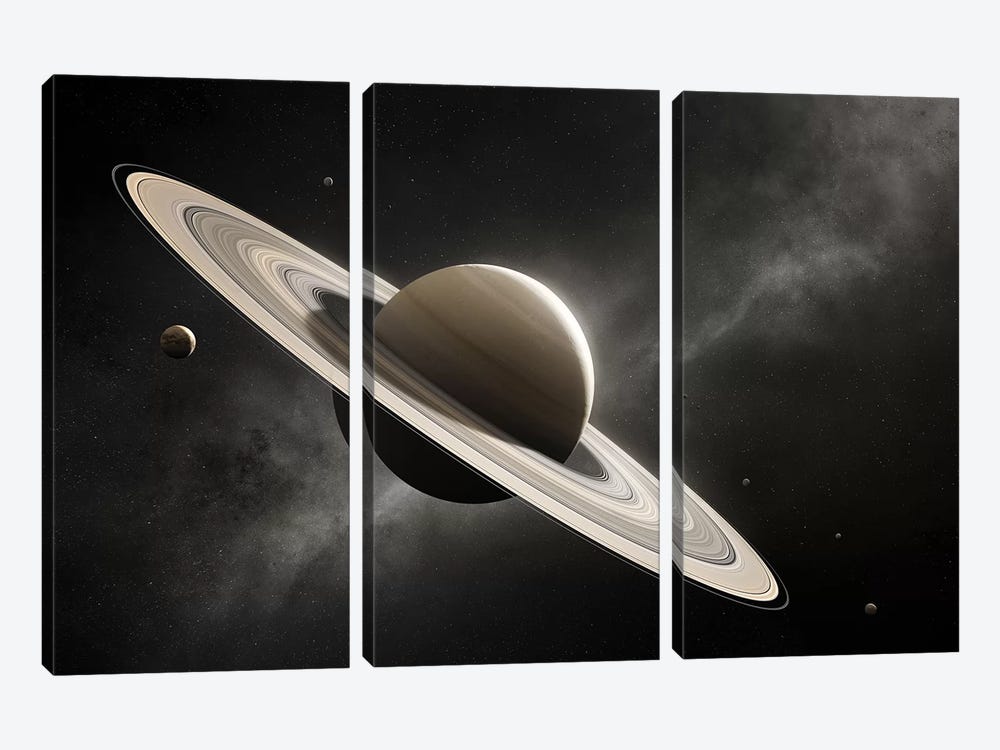 Planet Saturn With Major Moons by Johan Swanepoel 3-piece Canvas Art Print