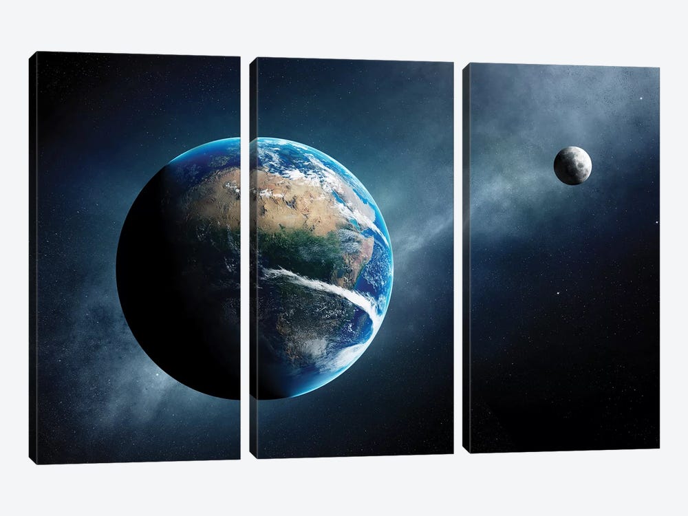 Earth And Moon Space View by Johan Swanepoel 3-piece Canvas Wall Art