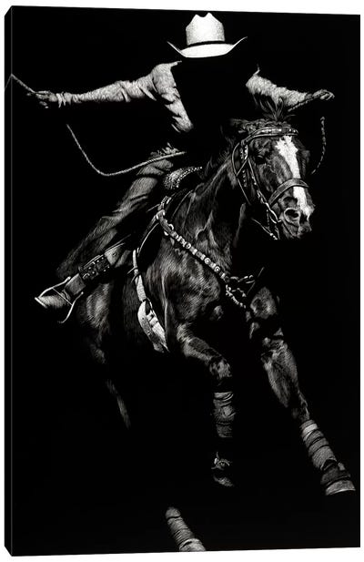 Scratchboard Rodeo III Canvas Art Print - Horseback Art
