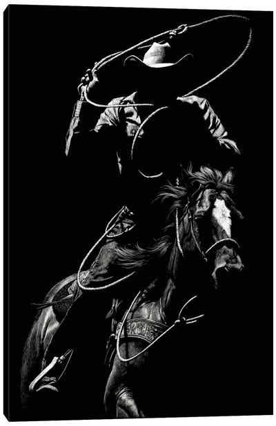 Scratchboard Rodeo VII Canvas Art Print - Cowboy & Cowgirl Art
