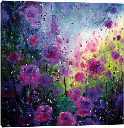 Wild Roses Canvas Art Print - Green & Pink Art