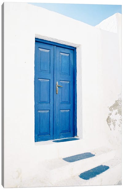 Santorini Blue Door Canvas Art Print - Blue Domed Church Santorini