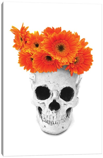 Skull & Orange Flowers Black & White Canvas Art Print - Jonathan Brooks