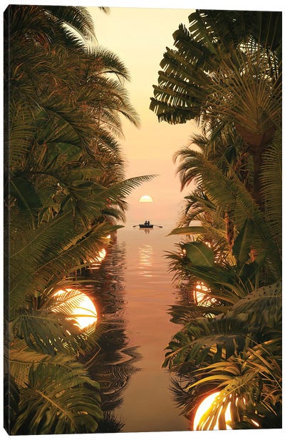 Evening On The Lagoon Canvas Art Print - Canoe Art