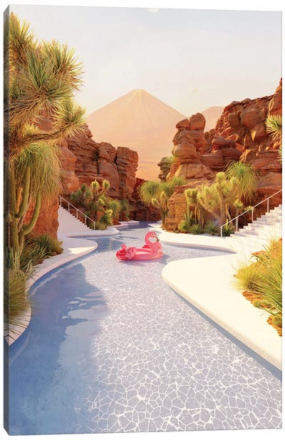 Joshua Tree Waterpark Canvas Art Print - Flamingo Art