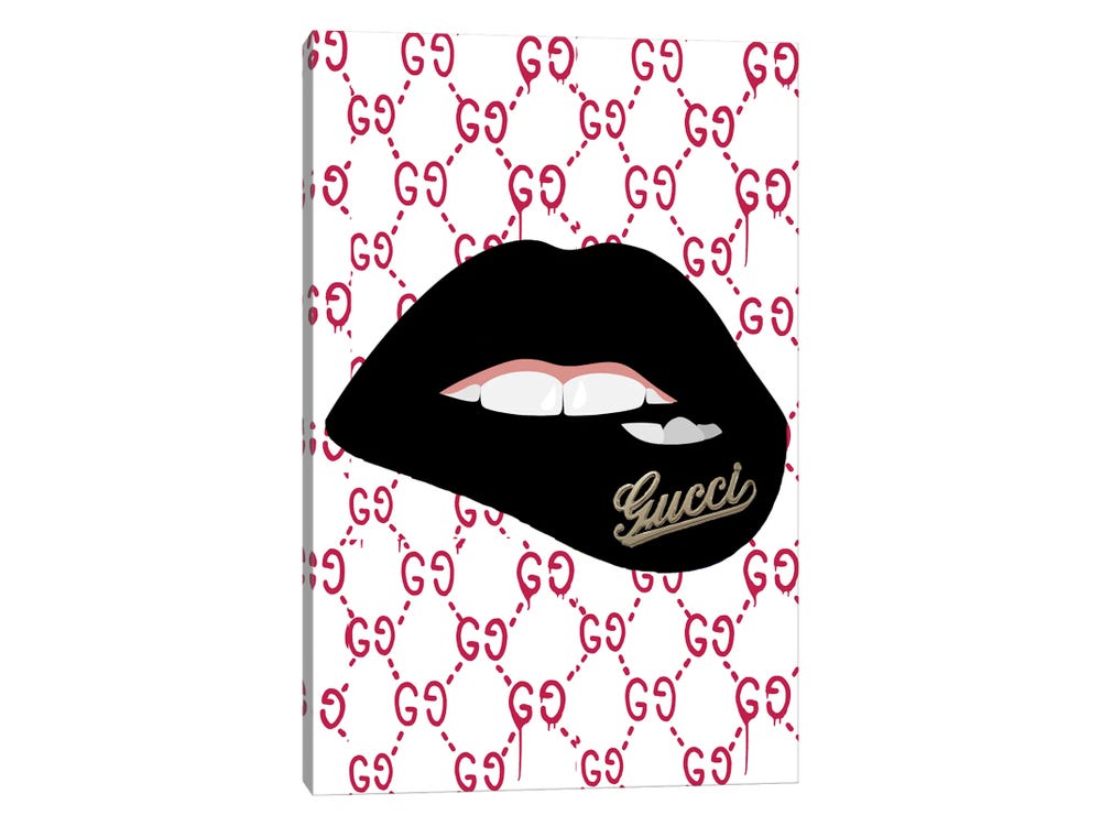 Framed Canvas Art (Champagne) - Gucci Green Logo Red Lips Pattern with Gold Gucci Logo by Julie Schreiber ( Fashion > Fashion Brands > Gucci art) 