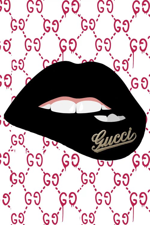 Framed Canvas Art (Champagne) - Gucci Logo Dripping Lips by Julie Schreiber ( Fashion > Fashion Brands > Gucci art) - 26x18 in
