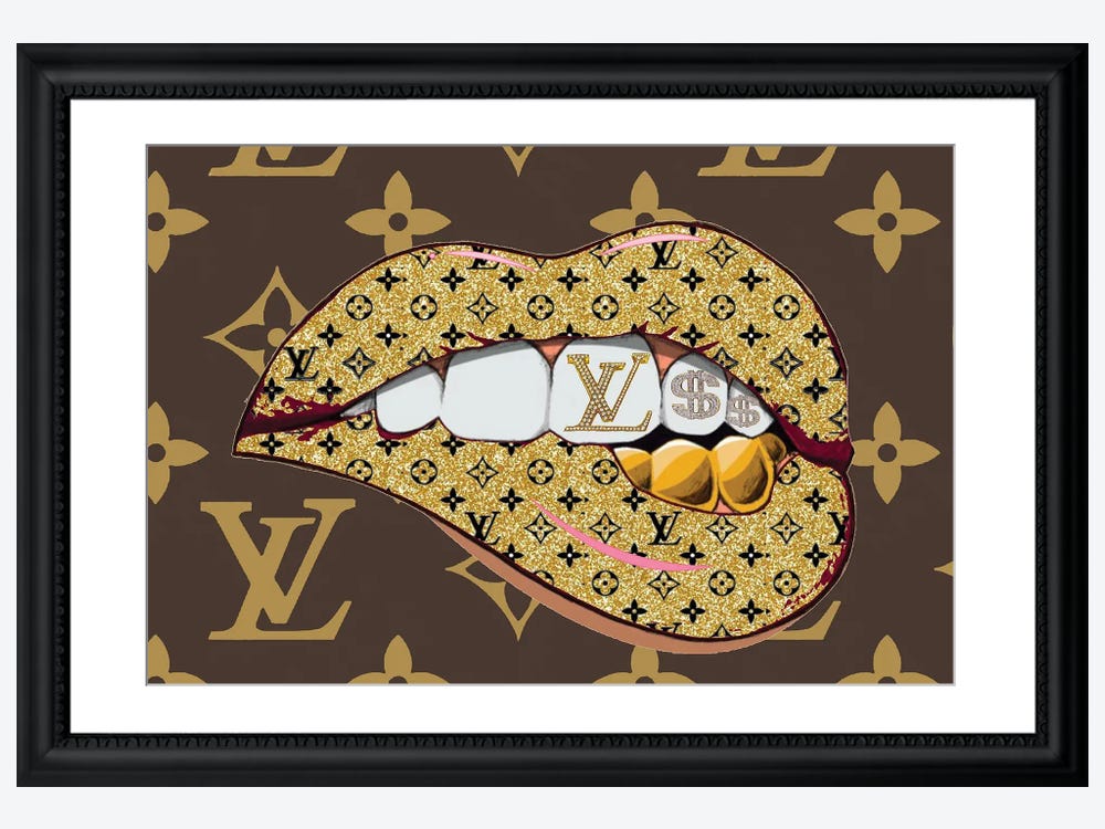 Framed Canvas Art (Champagne) - Louis Vuitton Logo Lips Pattern by Julie Schreiber ( Fashion > Fashion Brands > Louis Vuitton art) - 18x26 in