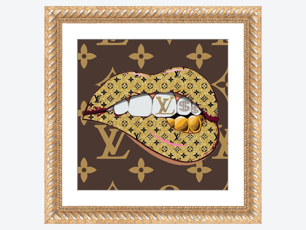 Framed Canvas Art (Gold Floating Frame) - Louis Vuitton Graffiti Lips by Julie Schreiber ( Fashion > Fashion Brands > Louis Vuitton art) - 40x26 in