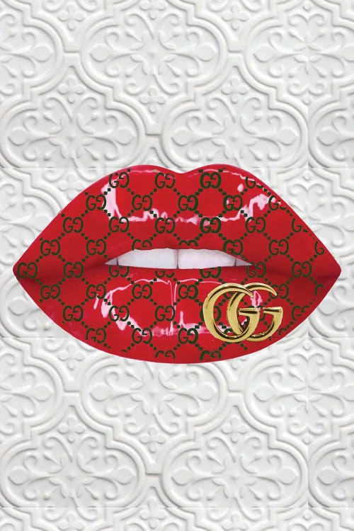 Gucci Logo Red Lips Pattern Art Print by Julie Schreiber | iCanvas