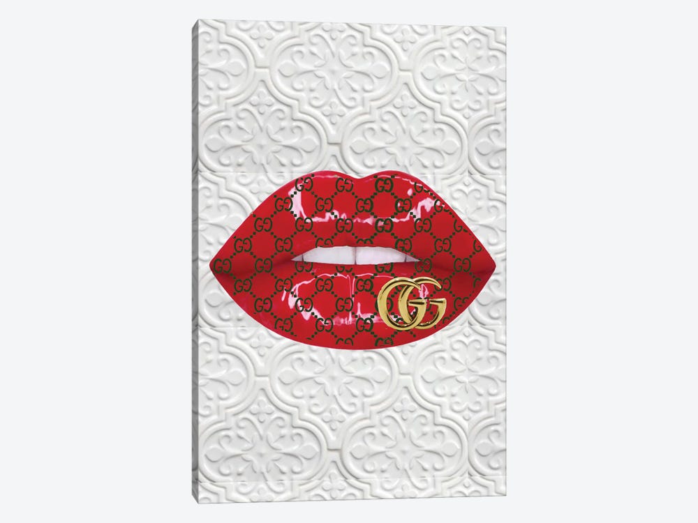 Julie Schreiber Canvas Prints - Gucci Logo Red Lips Pattern ( Fashion > Fashion Brands > Gucci art) - 26x18 in