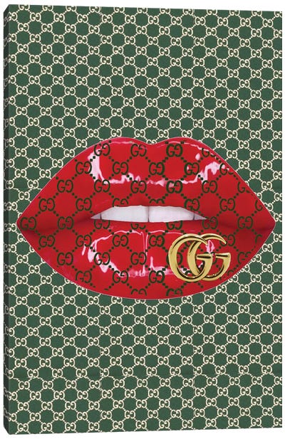 Gucci Green Logo Red Lips Pattern With Gold Gucci Logo Canvas Art Print - Julie Schreiber