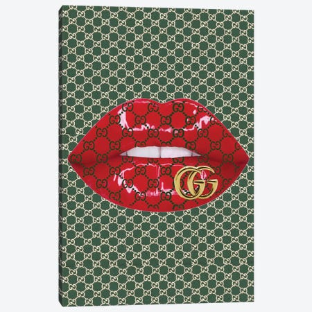 Gucci Green Logo Red Lips Pattern With Gold Gucci Logo Canvas Print #JUE152} by Julie Schreiber Canvas Art Print
