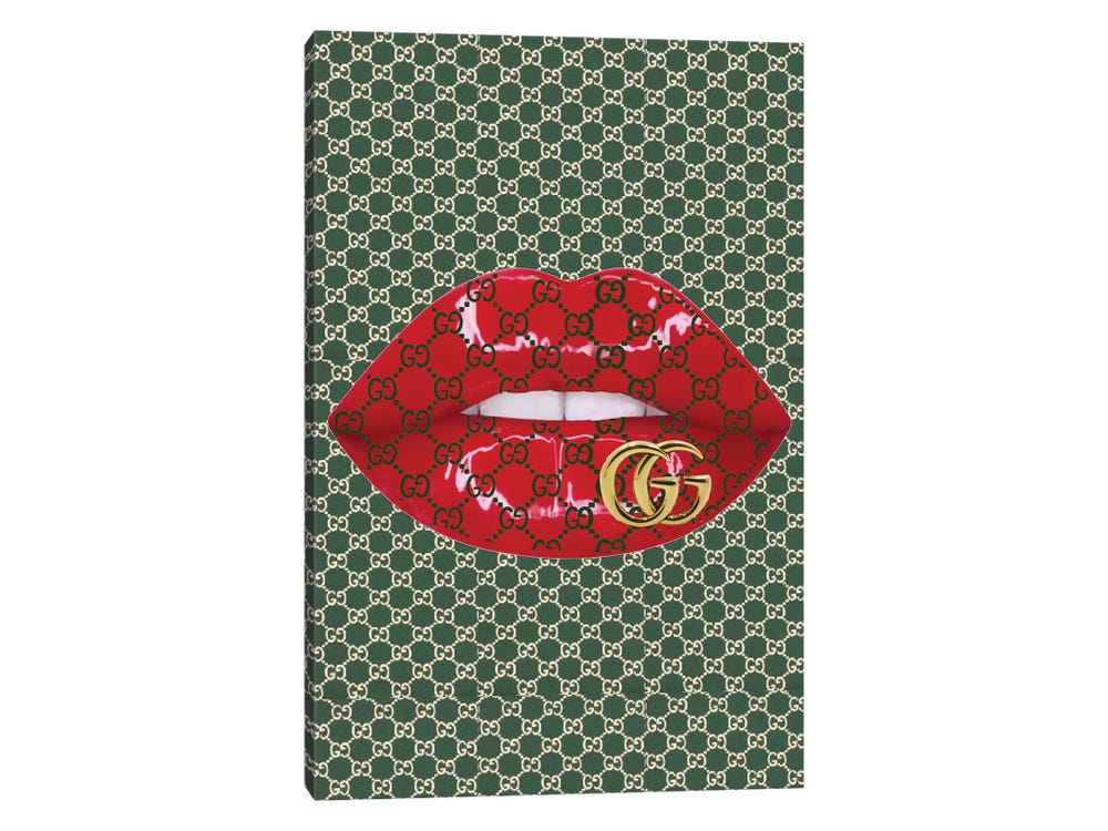 Framed Canvas Art (Champagne) - Gucci Green Logo Red Lips Pattern with Gold Gucci Logo by Julie Schreiber ( Fashion > Fashion Brands > Gucci art) 