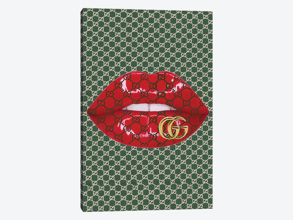 Gucci Green Logo Red Lips Pattern With Gold Gucci Logo by Julie Schreiber 1-piece Art Print