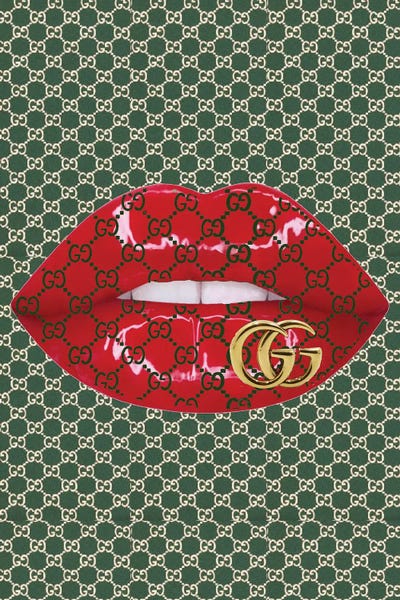 Gucci: Gucci Green Logo Red Lips Pattern With Gold Gucci Logo by Julie Schreiber