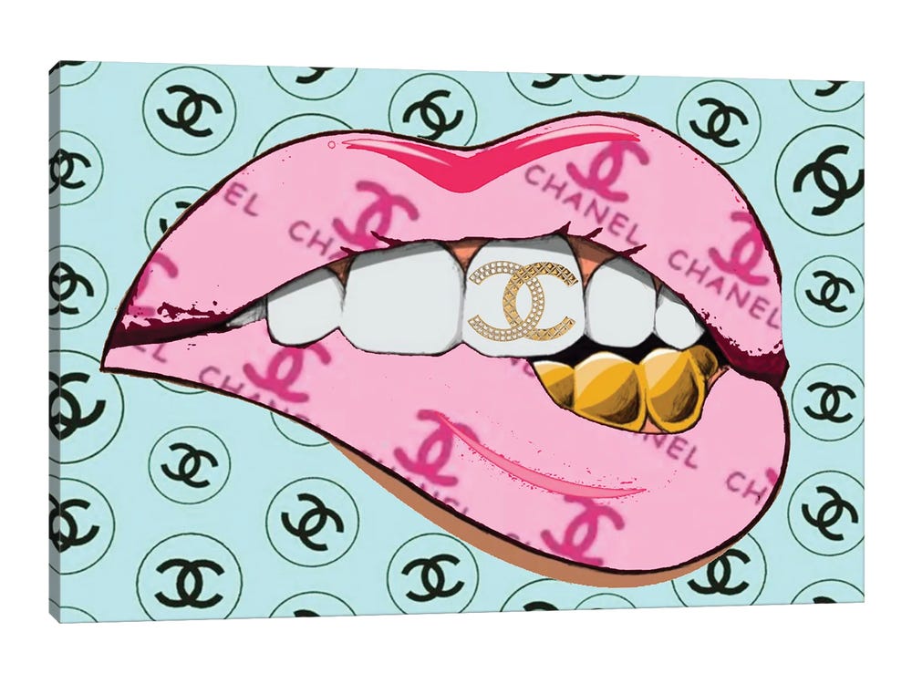 Framed Canvas Art (Gold Floating Frame) - Chanel Pink Logo Lips Pattern with Gold Teeth by Julie Schreiber ( Fashion > Hair & Beauty > Lips art) 
