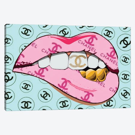 Chanel Pink Logo Lips Pattern With Gold Teeth Canvas Print #JUE154} by Julie Schreiber Canvas Wall Art
