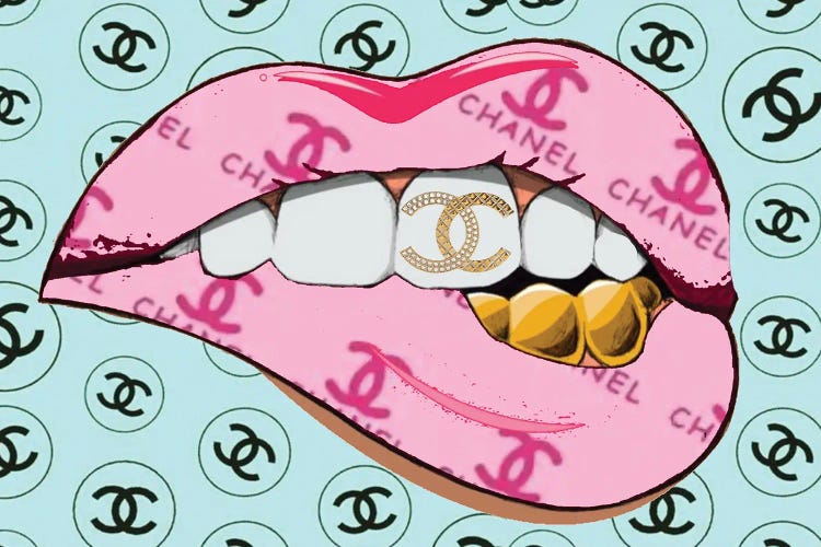 Chanel Pink Logo Lips Pattern With Gold Teeth