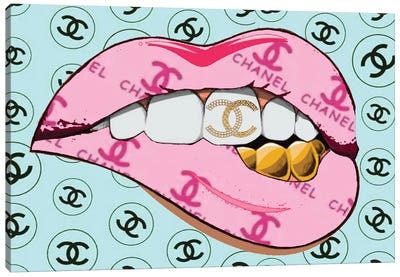 Chanel Pink Logo Lips Pattern With Gold Teeth Canvas Art Print - Lips Art