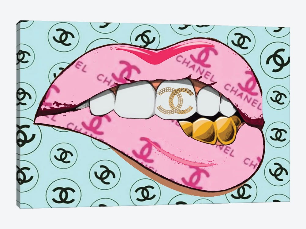 Chanel Pink Logo Lips Pattern With Gold Teeth by Julie Schreiber 1-piece Canvas Art Print