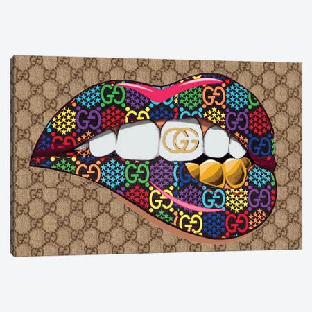 Gucci Logo Lips Pattern With Gold Teeth Canvas Print #JUE155} by Julie Schreiber Canvas Artwork