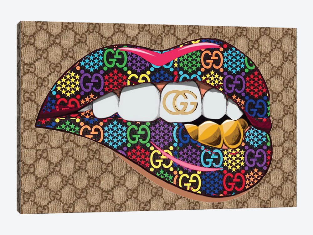 Gucci Logo Lips Pattern With Gold Teeth by Julie Schreiber 1-piece Canvas Wall Art