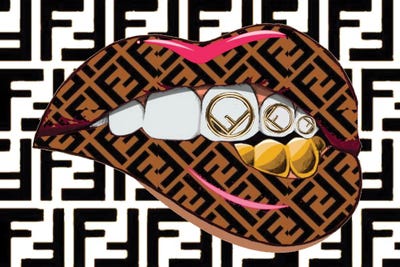 Fendi Logo Lips Pattern With Gold Teeth - Art Print | Julie Schreiber