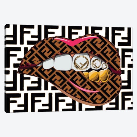 Fendi Logo Lips Pattern With Gold Teeth Canvas Print #JUE156} by Julie Schreiber Canvas Artwork