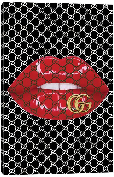 Black And White Gucci Logo Lips Pattern Canvas Art Print - Lips Art