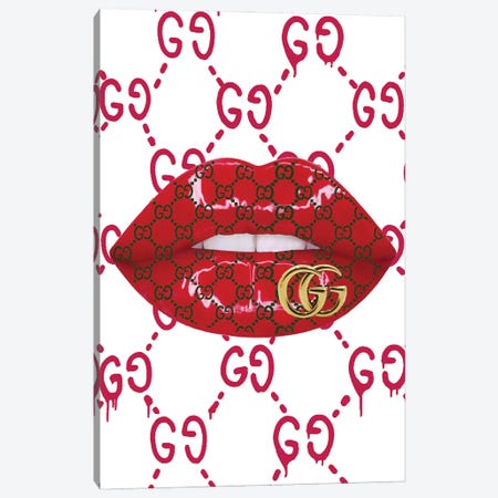 Red Gucci Logo Lips Pattern Canvas Print #JUE160} by Julie Schreiber Canvas Wall Art