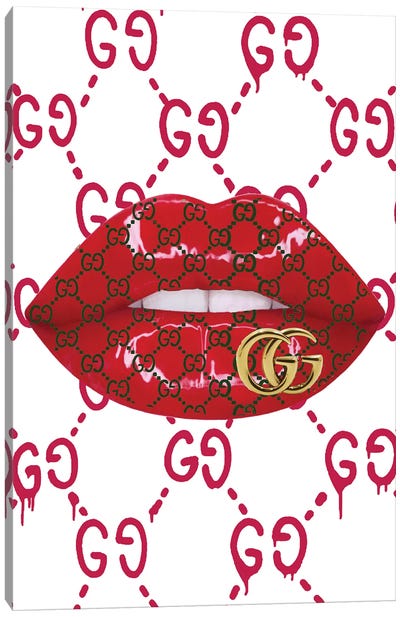 Red Gucci Logo Lips Pattern Canvas Art Print - Julie Schreiber