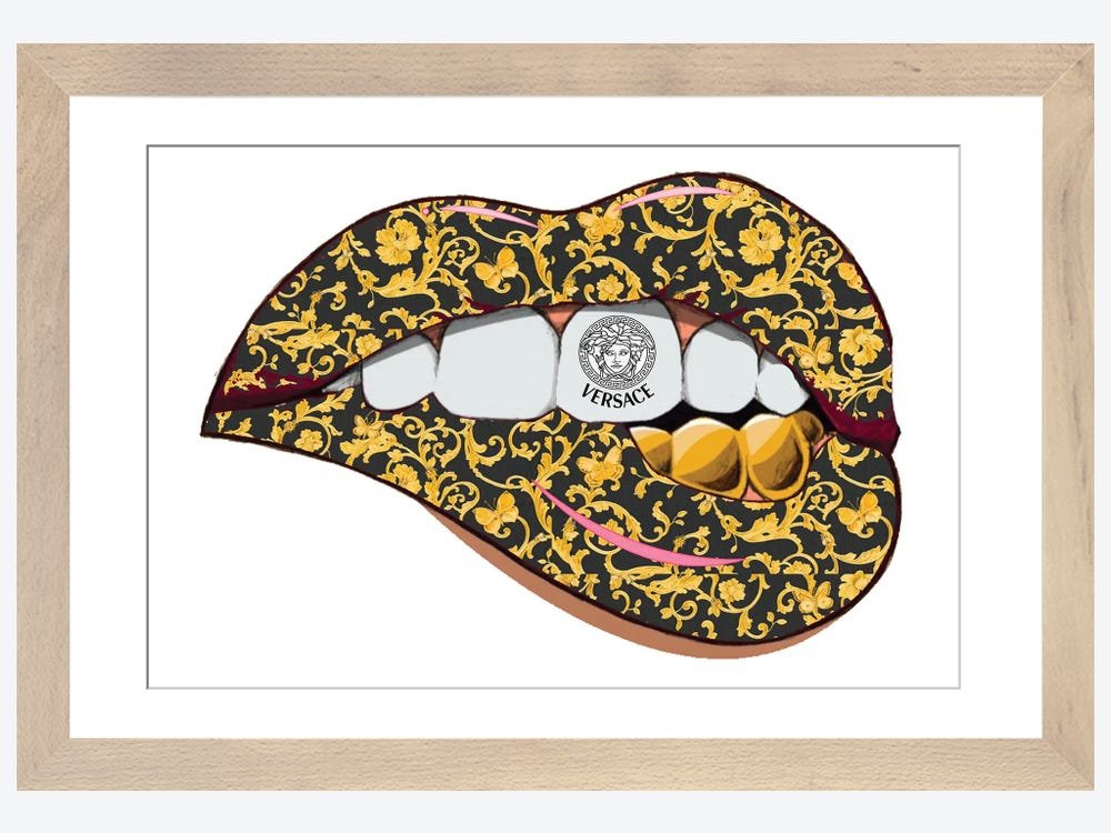 Framed Canvas Art (Champagne) - Versace Logo Lips Pattern by Julie Schreiber ( Fashion > Fashion Brands > Versace art) - 18x26 in