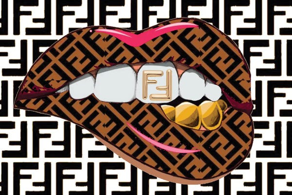 Fendi: Fendi Black And White Logo Lips Pattern by Julie Schreiber