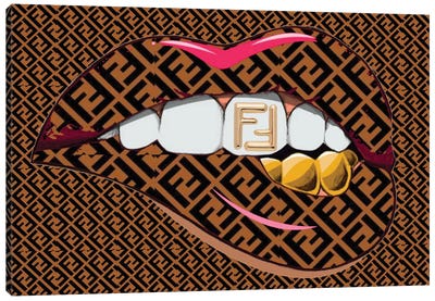 Fendi Logo Lips Pattern With Gold Logo Teeth Canvas Art Print - Julie Schreiber
