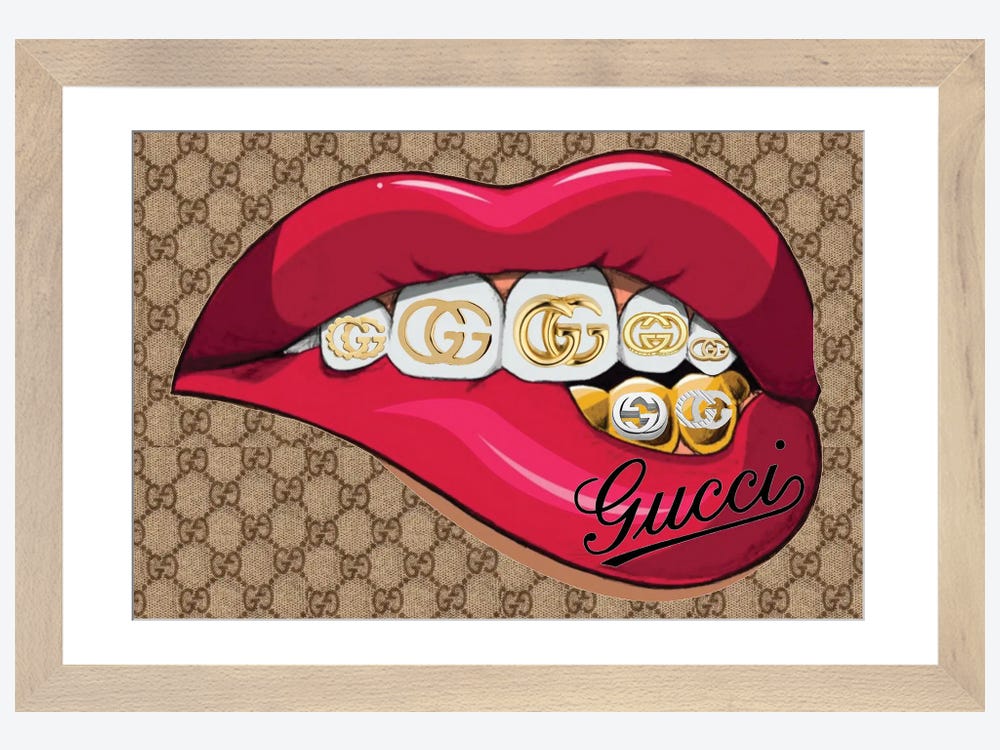 Framed Canvas Art (Gold Floating Frame) - Gucci Brown Lips by Julie Schreiber ( Fashion > Fashion Brands > Gucci art) - 26x18 in