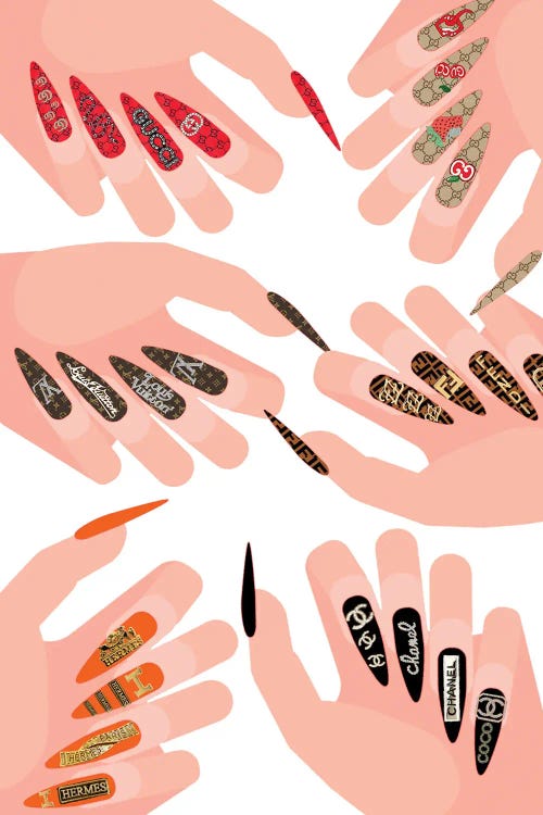 Designer Stiletto Nails Featuring Gucci, Louis Vuitton, Chanel, Fendi, And Hermes